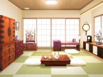  artist_request ceiling_light checkered_floor clock cup drawer floral_print flower game_asset indoors no_humans non-web_source official_art picture_frame pillow pink_flower sono_hanabira_ni_kuchizuke_wo table teapot variant_set visual_novel_cg white_flower yunomi 