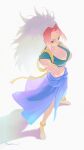  1girl absurdres anklet arms_under_breasts barefoot black_eyes black_shirt blue_skirt breasts cleavage closed_mouth colored_bangs commentary crop_top crossed_arms curtained_hair dated dreamoon-q earrings feet gold_anklet grey_hair hidari_(yomi_no_tsugai) highres horns jewelry large_breasts legs_apart long_hair looking_at_viewer looking_up multicolored_hair red_hair rope shadow shirt short_sleeves signature simple_background single_horn skin-covered_horns skirt small_horns solo standing toes two-tone_hair very_long_hair white_background yomi_no_tsugai 