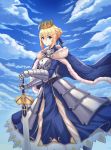  absurdres ahoge armor armored_dress artoria_pendragon_(all) blonde_hair blue_cape blue_dress blue_ribbon blue_sky braided_bun cape cloud crown day dress excalibur eyebrows_visible_through_hair fate/stay_night fate_(series) faulds fur-trimmed_cape fur_trim gauntlets green_eyes hair_between_eyes hair_ribbon hand_on_hilt highres holding holding_sword holding_weapon lebring long_dress looking_at_viewer outdoors ribbon saber sky solo standing sword tied_hair weapon 