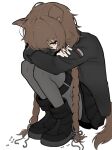  1boy absurdres animal_ears ankle_boots belt black_boots black_eyes black_jacket black_skirt boots braid cigarette cigarette_butt crossdressing crossdressing_(mtf) crossed_arms daniel_(slavcorpz) dog_boy dog_ears dog_tail empty_eyes fetal_position from_side full_body grey_pantyhose hair_intakes hair_over_one_eye highres holding holding_cigarette jacket lace-up_boots long_sleeves looking_at_viewer low-tied_sidelocks male_focus middle_part miniskirt original pantyhose pleated_skirt polish_flag ribbon sidelocks simple_background skirt slavcorpz solo squatting tail thigh_belt thigh_strap trap twin_braids white_background white_ribbon 
