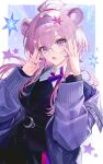  1girl adjusting_eyewear animal_ears arknights black_jacket breasts cardigan chungla commentary glasses hair_between_eyes hair_intakes hair_ornament hairband highres jacket large_breasts lin_(arknights) lin_(knowledge_and_magic)_(arknights) long_hair long_sleeves looking_at_viewer mouse_ears mouse_girl official_alternate_costume open_cardigan open_clothes open_mouth pink_eyes pink_hair purple_cardigan purple_hairband sidelocks solo untranslatable_commentary 