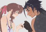  1boy 1girl aerith_gainsborough bare_shoulders black_gloves black_hair blue_eyes blush braid braided_ponytail brown_hair collarbone couple crisis_core:_final_fantasy_vii cross_scar dress earrings english_commentary final_fantasy final_fantasy_vii flower from_side gloves green_eyes grey_background hair_ribbon hetero highres jewelry looking_at_another lumiaeria pink_ribbon pinky_swear ponytail profile ribbon scar scar_on_cheek scar_on_face sleeveless sleeveless_turtleneck stud_earrings sweater turtleneck turtleneck_sweater upper_body white_dress zack_fair 