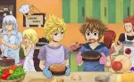  2girls 4boys alternate_costume apron axel_(kingdom_hearts) baking bell_pepper black_eyes blonde_hair blue_shirt bowl bread brown_hair burnt_food cabinet cake carrot casual collared_shirt commentary copyright_name counter cutting_board day decorating dress egg_(food) eggshell english_commentary expressionless facial_mark false_smile food grey_hair grey_shirt hair_over_shoulder hair_slicked_back hands_on_own_hips hands_up happy holding holding_food holding_pastry_bag indoors jar kairi_(kingdom_hearts) kingdom_hearts kingdom_hearts_ii kitchen lettuce looking_at_another miracle70590 moogle multiple_boys multiple_girls namine open_mouth oven_mitts own_hands_together pastry_bag pink_dress red_hair riku_(kingdom_hearts) roxas sad salad shirt short_dress short_hair short_sleeves sleeveless sleeveless_dress smile sora_(kingdom_hearts) spiked_hair sweatdrop t-shirt tomato upper_body white_apron white_dress 