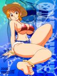  1girl 2002 anklet bad_id bangle barefoot bikini blue_background bracelet breasts commentary denim denim_shorts feet foot_focus glowing gold_anklet hat huge_breasts jewelry looking_at_viewer nami_(one_piece) navel nin_nin! on_floor one_piece open_fly open_mouth orange_eyes orange_hair partially_unzipped red_bikini short_shorts shorts sitting straw_hat surprised swimsuit thick_thighs thighs underwater wan-pyo wide_hips 