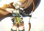  arrow artist_name asymmetrical_sleeves black_gloves blush boots bow bow_(weapon) breasts chinchongcha cloak closed_mouth collarbone commentary cowboy_shot elf gloves goblin_slayer! green_eyes green_hair high_elf_archer_(goblin_slayer!) highres holding holding_weapon hood hooded_cloak long_hair looking_to_the_side pointy_ears quiver short_shorts shorts sidelocks simple_background sleeveless small_breasts smile solo thigh_boots thighhighs v-shaped_eyebrows weapon 