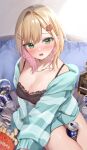  0707_una 1girl absurdres bare_shoulders bear_hair_ornament black_camisole blonde_hair blush breasts camisole can cleavage collarbone colored_inner_hair commentary_request dolphin_shorts drink_can drunk gradient_hair green_eyes green_hoodie green_shorts hair_ornament highres hood hoodie jewelry kurumi_noah kurumi_noah_(6th_costume) lace-trimmed_camisole lace_trim large_breasts looking_at_viewer medium_hair multicolored_hair necklace open_mouth pink_hair shorts sitting solo striped_clothes striped_hoodie sweat teddy_bear_hair_ornament teddy_bear_ornament thighs two-tone_hair virtual_youtuber vspo! 