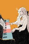  1girl artist_name black_eyes black_ribbon black_skirt breasts charlotte_wiltshire collared_shirt commentary english_commentary hair_between_eyes hair_ribbon halo hello_charlotte highres instrument light_blush long_hair long_skirt looking_at_viewer miwkye neck_ribbon piano ribbon sheet_music shirt skirt small_breasts smile solo sparkle transgender_flag transgender_flag_print very_long_hair white_hair white_shirt yellow_background yellow_ribbon 