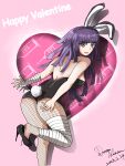  1girl alternate_costume animal_ear_hairband animal_ears ass bandaged_arm bandaged_hand bandaged_leg bandages bare_shoulders black_hairband black_leotard black_shoes breasts comic_sans commentary_request danganronpa_(series) danganronpa_2:_goodbye_despair dated doom_mikan drop_shadow english_text eyelashes fake_animal_ears fake_tail fishnet_pantyhose fishnets hairband happy_valentine heart high_heels highres leotard long_hair looking_at_viewer looking_back open_mouth pantyhose pink_background playboy_bunny purple_eyes purple_hair rabbit_ear_hairband rabbit_ears rabbit_tail shoe_dangle shoes signature solo standing standing_on_one_leg strapless strapless_leotard syringe tail tsumiki_mikan valentine 