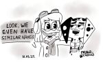 101_dalmatian_street 101_dalmatians anatid anseriform anthro arm_around_shoulders avian biped bird black_and_white canid canine canis clothing crossover dalmatian delilah_(101_dalmatians) della_duck disney domestic_dog drake_lutley duck ducktales ducktales_(2017) english_text eyewear female feral goggles headgear heterochromatic_ears holding_shoulder mammal monochrome scarf smile solo text