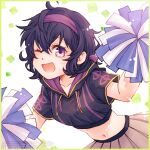  1girl :d ;d ahoge alternate_costume black_hair black_hoodie breasts cheerleader commentary_request cropped_hoodie ebi_puri_(ebi-ebi) female_morgan_(fire_emblem) fire_emblem fire_emblem_awakening gold_trim hairband hood hoodie midriff navel one_eye_closed open_mouth pleated_skirt pom_pom_(cheerleading) purple_eyes purple_hairband short_hair short_sleeves simple_background skirt small_breasts smile solo upper_body white_background 