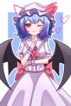  1girl 2934527737 absurdres ascot back_bow bat_wings blue_hair bow breasts closed_mouth collared_shirt commentary drawn_ears drawn_heart drawn_whiskers frilled_shirt_collar frilled_wrist_cuffs frills hat hat_ribbon highres looking_at_viewer mob_cap one_eye_closed pink_hat pink_shirt pink_skirt puffy_short_sleeves puffy_sleeves red_ascot red_bow red_eyes red_wrist_cuffs remilia_scarlet ribbon shirt short_sleeves skirt skirt_set small_breasts smile solo touhou wings wrist_cuffs 