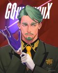  1boy artist_name bright_pupils challia_bull closed_mouth commentary_request copyright_name eyelashes fusso_oekaki gloves green_eyes green_hair green_jacket gundam gundam_gquuuuuux highres jacket long_sleeves looking_at_viewer male_focus mature_male military_rank_insignia military_uniform necktie putting_on_gloves red_background science_fiction short_hair solo twitter_username undercut upper_body white_gloves white_pupils yellow_necktie zeon 
