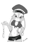  2018 :3 breasts clothing collarbone crombie crop_top dated disney female greyscale hand_on_hip handcuffs hat hi_res holding_object judy_hopps lagomorph looking_at_viewer mammal monochrome navel rabbit shackles shirt shorts signature simple_background small_breasts smile solo standing under_boob white_background zootopia 