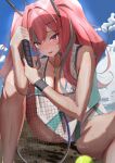  00zanpan00 1girl absurdres azur_lane ball bare_shoulders blue_sky blush breasts bremerton_(azur_lane) bremerton_(scorching-hot_training)_(azur_lane) cleavage cloud cloudy_sky collarbone commentary crop_top crop_top_overhang day glint green_shirt green_skirt grey_hair grey_panties grey_streaks hair_between_eyes hair_intakes hair_ornament hairclip heart heart_collar heart_necklace highres holding holding_racket holding_tennis_racket huge_breasts jewelry knee_up long_hair looking_at_viewer mole mole_under_eye multicolored_hair necklace official_alternate_costume open_mouth panties pink_eyes pink_hair racket shirt sitting skirt sky sleeveless sleeveless_shirt smile solo sportswear streaked_hair sweat tennis_ball tennis_racket tennis_uniform thighs twintails two-tone_hair two-tone_shirt two-tone_skirt underwear white_shirt white_skirt x_hair_ornament 