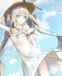  arm_behind_back bangs blue_eyes blue_sky bow breasts cleavage cloud day dress dutch_angle eyebrows_visible_through_hair fate/grand_order fate_(series) floating_hair ginka_sima hand_on_headwear hat hat_bow lens_flare long_hair marie_antoinette_(fate/grand_order) marie_antoinette_(swimsuit_caster)_(fate) shiny shiny_hair silver_hair sky sleeveless sleeveless_dress small_breasts solo standing straw_hat striped striped_bow sun_hat sundress very_long_hair white_dress yellow_hat 