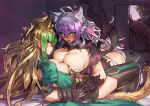  3girls absurdres achilles_(fate) ahoge animal_ears arm_belt ass atalanta_(alter)_(fate) atalanta_(fate) black_skirt blonde_hair blush braid breast_press breasts cat_ears cat_tail cleavage dual_persona eye_contact eyebrows_visible_through_hair fate/grand_order fate_(series) french_braid fujimaru_ritsuka_(female) gradient_hair green_eyes green_hair hair_between_eyes heart highres holding_hands interlocked_fingers large_breasts long_hair looking_at_another melon22 multicolored_hair multiple_girls multiple_tails peeking pleated_skirt purple_hair riyo_(lyomsnpmp)_(style) selfcest skirt small_breasts symmetrical_docking tail tongue tongue_out you_gonna_get_raped yuri 