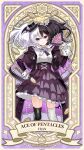  1girl ace_of_pentacles asymmetrical_footwear black_boots black_hair black_hat boots card_(medium) character_name chinese_commentary closed_mouth coin commentary_request crossed_bangs english_text folding_fan fran_(honkai_gakuen) gloves hand_fan hand_on_own_hip hand_up hat highres holding holding_fan honkai_(series) honkai_gakuen jacket long_sleeves looking_at_viewer mini_hat mini_top_hat mismatched_footwear multicolored_hair official_art open_clothes open_jacket purple_eyes shirt skirt smile split-color_hair tarot tarot_(medium) thigh_boots top_hat twintails white_boots white_gloves white_hair white_shirt 