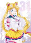  1girl bishoujo_senshi_sailor_moon bishoujo_senshi_sailor_moon_stars blonde_hair blue_eyes blue_sailor_collar brooch choker closed_mouth commentary_request crescent crescent_facial_mark double_bun earrings elbow_gloves eternal_sailor_moon facial_mark gloves hair_bun hair_ornament heart heart_brooch heart_hair_bun highres jewelry layered_skirt lips long_hair magical_girl miniskirt one_eye_closed pink_gloves puffy_short_sleeves puffy_sleeves red_choker revision sailor_collar sailor_moon sailor_senshi sailor_senshi_uniform sarashina_kau short_sleeves signature skirt smile solo star_(symbol) star_earrings tsukino_usagi twintails watermark white_gloves wing_brooch wings 