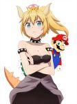  1girl :&lt; bare_shoulders blonde_hair blue_eyes blush bowsette breasts brown_hair cabbie_hat can't_be_this_cute cleavage commentary_request crossed_arms crown dress facial_hair fang hat highres horns mario mario_(series) met mustache new_super_mario_bros._u_deluxe ore_no_imouto_ga_konna_ni_kawaii_wake_ga_nai parody ponytail shell simple_background sleeveless sleeveless_dress strapless strapless_dress super_crown sweatdrop tail white_background 