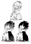  1girl anklet bow breasts choker claw_hair_clip commentary_request dress greyscale grin hair_bow high_heels highres jewelry making-of monochrome original ribbon sharp_teeth short_dress small_breasts smile squatting sugimura_(sugiyan) teeth 
