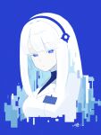  1girl badge black_undershirt blue_background blue_eyes colored_eyelashes commentary_request double-parted_bangs fairy_(zenless_zone_zero) headband highres holographic_interface lab_coat long_hair looking_at_viewer pale_skin personification sidelocks signature solo uixy upper_body white_eyelashes white_hair zenless_zone_zero 