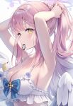  1girl adjusting_hair aria_(ariacue) armpits bikini blue_archive breasts cleavage commentary_request feathered_wings frilled_bikini frills hair_lift hair_tie hair_tie_in_mouth halo hands_in_own_hair highres holding_own_hair large_breasts long_hair looking_at_viewer low_wings mika_(blue_archive) mika_(swimsuit)_(blue_archive) mouth_hold official_alternate_costume pink_hair ribbon ribbon_in_mouth sideboob solo swimsuit tying_hair upper_body white_bikini white_wings wings yellow_eyes 