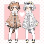 adapted_costume bird_tail bow bow_footwear bowtie brown_coat brown_eyes brown_hair closed_mouth coat commentary_request eurasian_eagle_owl_(kemono_friends) frilled_sleeves frills full_body grey_hair heart kemono_friends long_sleeves looking_at_viewer multicolored_hair multiple_girls northern_white-faced_owl_(kemono_friends) orange_eyes pantyhose plaid shoes simple_background white_coat white_hair white_legwear white_neckwear yukiko_haotome 