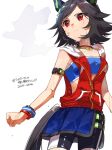  1girl animal_ears bandaid bandaid_on_cheek bandaid_on_face bandeau bike_shorts black_hair blue_bandeau blue_sports_bra breasts closed_mouth commentary_request ear_ornament hair_ornament hairclip hood hoodie horse_ears horse_girl horse_tail jacket low-cut_armhole madori_(sayuri5) red_eyes red_hoodie red_jacket short_hair skirt sleeveless sleeveless_hoodie sleeveless_jacket small_breasts sports_bra sweat tail umamusume winning_ticket_(get_to_winning!)_(umamusume) winning_ticket_(umamusume) 