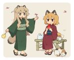  2girls :o absurdres animal animal_ears artist_name bag black_sash blonde_hair border brown_eyes bug calico_(pattern) calico_cat cat commentary_request dated dragonfly eating food fox_ears fox_girl fox_tail fruit fumiko_(rubra_plumeria) green_eyes green_kimono green_sash hair_ornament hairclip highres holding holding_bag holding_food holding_fruit japanese_clothes kimono long_hair multiple_girls obi obijime orange_hair original outside_border plastic_bag raccoon_ears raccoon_girl raccoon_tail red_kimono sandals sash short_hair sitting summer_festival tail walking watermelon watermelon_slice white_border 