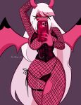 2025 back_wings big_breasts bikini bikini_thong breasts cellphone chain_jewelry clothed clothed_female clothed_humanoid clothing corset demon electronics eyelashes female fishnet_clothing hair heart_(marking) hellaverse helluva_boss hi_res holding_cellphone holding_object holding_phone holding_smartphone horn humanoid jeny_312 legband legs_together lingerie long_eyelashes long_hair markings membrane_(anatomy) membranous_wings mirror mirror_selfie not_furry phone pink_body pink_eyes pink_skin pupils purple_background selfie simple_background skimpy slit_pupils small_waist smartphone solo succubus swimwear thighband topwear two-piece_swimsuit verosika_mayday white_hair wide_hips wings yellow_sclera