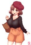  alternate_costume artist_logo bag beret black_blouse blouse blush breasts brown_eyes brown_hair chiyoda_(kantai_collection) cleavage collarbone commentary_request dated eyebrows_visible_through_hair hair_between_eyes hat highres kanon_(kurogane_knights) kantai_collection large_breasts long_sleeves looking_at_viewer medium_hair open_mouth orange_skirt red_hat signature simple_background skirt smile solo white_background 