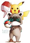  2018 anthro duo hat japanese male mammal nintendo pikachu pok&eacute;mon pok&eacute;mon_(species) procyonid raccoon ryuu_kaku_san shirojirou simple_background text video_games 