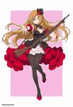  1girl absurdres battle_rifle black_dress black_hat black_pantyhose breasts cleavage dress drill_hair drill_sidelocks fn-49 fn-49_(girls'_frontline) fn-49_(mod3)_(girls'_frontline) girls'_frontline green_eyes gun gun_sling hat high-low_dress highres mashumasher98 medium_breasts pantyhose pink_background pouch red_shoes red_skirt rifle shoes sidelocks skirt thigh_pouch thigh_strap two-tone_background weapon white_background 