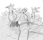  1boy abs absurdres blonde_hair commentary cowboy_shot devil_fruit_power donquixote_doflamingo earrings english_commentary feather_coat highres inkiedraws jewelry male_focus monochrome one_piece open_clothes open_mouth open_shirt short_hair solo string sunglasses toned toned_male tongue tongue_out white_background 