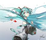  1girl aqua_eyes aqua_hair aqua_nails aqua_necktie artist_name black_sleeves breasts detached_sleeves fish from_side grey_shirt hair_between_eyes hatsune_miku headset highres kieed liquid_hair long_hair looking_at_viewer necktie parted_lips shirt signature simple_background sleeveless sleeveless_shirt small_breasts solo twintails upper_body vocaloid 
