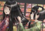 2girls autumn black_hair brown_hair close glasses japanese_clothes kimono long_hair original sarekoube short_hair 