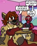  anthro blush cake canine clothed clothing dialogue digital_media_(artwork) duo english_text female food hyeen hyena ifra macro male mammal naga open_mouth reptile restaurant sawbry scalie sitting size_difference smile snake table text 
