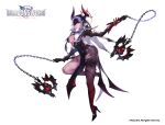  1girl absurdres ball_and_chain_(weapon) black_veil blindfold body_markings breasts chain cleavage copyright_name covered_eyes dark_persona dragonsword:_awakening dual_wielding eye_mask full_body gauntlets gloves grey_hair halo high_heels highres holding holding_weapon horns large_breasts long_sleeves mask official_alternate_costume official_art pantyhose parted_lips short_hair simple_background single_leg_pantyhose solo spiked_ball_and_chain staff theresia_(dragonsword:_awakening) thigh_strap torn_clothes torn_pantyhose veil weapon white_background 