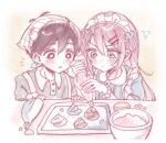  1boy 1girl alternate_costume antenna_hair aubrey_(faraway)_(omori) aubrey_(omori) baking_sheet black_eyes black_hair blue_eyes blush bright_pupils closed_mouth collared_shirt commentary double-parted_bangs flying_sweatdrops hair_between_eyes hair_ornament hairclip highres mixing_bowl omori parallel_hairclips parted_lips pink_hair shirt short_hair short_sleeves sidelocks sunny_(omori) sweatdrop untranslatable_commentary white_pupils wktdms1 