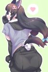  1girl animal_ears back black_hair blush brown_eyes collared_peccary_(kemono_friends) commentary_request elbow_gloves extra_ears gloves green_background hair_ornament heart highres kemono_friends long_hair looking_at_viewer looking_back lowlandgorilla ribbon shirt simple_background skirt tail 