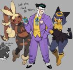  absurdres animal_ears animal_hands animal_nose batman batman:_the_animated_series batman_(series) bird black_sclera blue_fur blue_hair blush brown_fur cat_ears cat_girl cat_tail colored_sclera dc_comics dress dynamoff_(palworld) english_text flowerpigeon furry furry_female green_hair highres joker_(dc) joker_catches_a_lopunny_(meme) looking_at_viewer lopunny mega_lopunny mega_pokemon meme open_mouth pal_(creature) pal_sphere palworld pink_eyes pokemon pokemon_(creature) rabbit_ears rabbit_girl red_eyes sekhmet_(palworld) smile tail torn_clothes two-tone_fur yellow_fur 