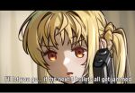  1girl blonde_hair bocchi_the_rock! english_text glock gun handgun holding holding_gun holding_weapon ijichi_nijika long_hair myvia_mokols open_mouth red_eyes side_ponytail weapon 