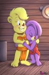  anthro barefoot bear blush candle clothed clothing collar digital_media_(artwork) disney dress duo eyes_closed fan_character female fur gummi_bears hair hi_res inside loincloth mammal partially_clothed purple_fur skimpy slave smile standing sugarnhoney sunni_gummi yellow_fur young 