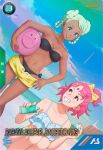  2girls beach bikini bindi black_bikini blue_eyes breasts card_(medium) character_name dark-skinned_female dark_skin double_bun green_hair grin gundam gundam_arsenal_base gundam_g_no_reconguista hair_bun holding_sunscreen looking_at_another multiple_girls nobell noredo_nug official_art outdoors pink_eyes pink_hair ponytail raraiya_monday shorts small_breasts smile squatting swimsuit white_bikini yellow_shorts 