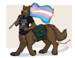  brown_eyes brown_fur brown_hair claws countershading ear_piercing eyewear fen-fen flag fur glasses hair invalid_tag male piercing pride_colors saddle_bag solo taris_quickpaw taur transgender_pride_flag wolftaur 