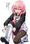  1girl boots colored_shoe_soles commentary_request cross-laced_shoes highres hood hoodie knee_boots kneeling krul_tepes kyuutou_(kyuutouryuu) lace-up_boots long_hair looking_at_viewer multicolored_boots on_one_knee owari_no_seraph pantyhose pink_hair raglan_sleeves red_eyes shoe_soles shoes solo translation_request two-tone_boots tying_footwear v-shaped_eyebrows white_background 
