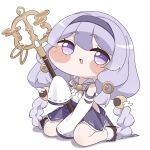  1girl absurdres braid braided_twintails chibi commentary_request diyap_(style) furisode_sleeves geta hairband hakama hakama_skirt highres japanese_clothes looking_at_viewer low_twin_braids meme nontraditional_miko platform_sandals purple_eyes purple_hair purple_hairband purple_hakama purple_skirt purple_trim sandals shakujou simple_background skirt sleeves_past_fingers sleeves_past_wrists socks speakiposting_(meme) staff trickcal twin_braids white_background white_socks yomi_(trickcal) yuwano_(yuwanoonsen) 