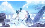  2girls bishoujo_senshi_sailor_moon blue_sailor_collar blue_skirt cloud commentary green_hair green_sailor_collar green_skirt highres kaiou_michiru multiple_girls ruins sailor_collar sailor_neptune sailor_senshi_uniform sailor_uranus sitting skirt sky ten'ou_haruka untranslatable_commentary yumi_xsh 