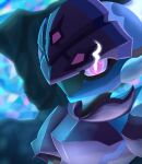  absurdres alex_andrite armor blue_fire bright_pupils ceruledge commentary_request eye_trail fiery_hair fire flaming_eyes helmet highres light_trail pokemon pokemon_(creature) purple_eyes purple_fire purple_helmet white_pupils 