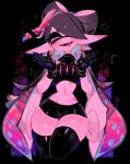  1girl black_gloves black_hair blush callie_(octo_idol_outfit)_(splatoon) callie_(splatoon) closed_eyes commentary crop_top earrings fangs gloves hair_over_one_eye highres inkling jewelry midriff mole mole_under_eye navel official_alternate_costume open_mouth pointy_ears shirt short_shorts shorts sleeveless sleeveless_shirt splatoon_(series) splatoon_2 thick_thighs thighhighs thighs usa37107692 